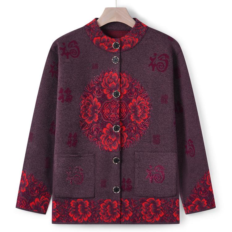 Grandma's Autumn New Tang Suit Sweater Jacket for Women, Middle-aged and Elderly Mothers Wear Autumn and Winter Cardigans for Blessing Letter Sweater