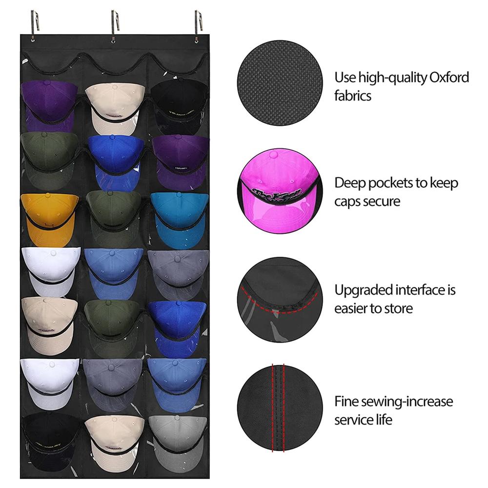 T1 Baseball Hat Rack for Wall Door, Visible Hat Holder with 3 Hooks and 24 Deep Pockets, 1 Piece