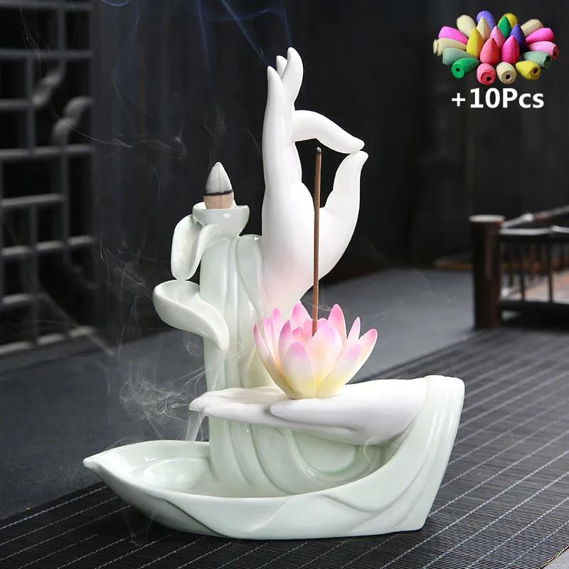 Gift 10Cones Ceramic Incense Censer Buddha Hand Backflow Incense Burner Lotus Incense Stick Holder