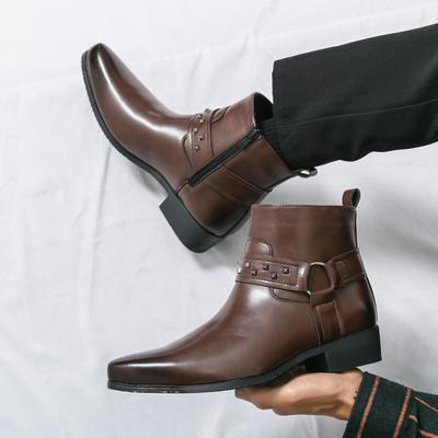 Moda Klasik İş Günlük Elbise Botları Yan Fermuarlı Erkek Motosiklet Botları Erkek Günlük Yürüyüş Ayakkabıları Moda Chelsea Deri Bot