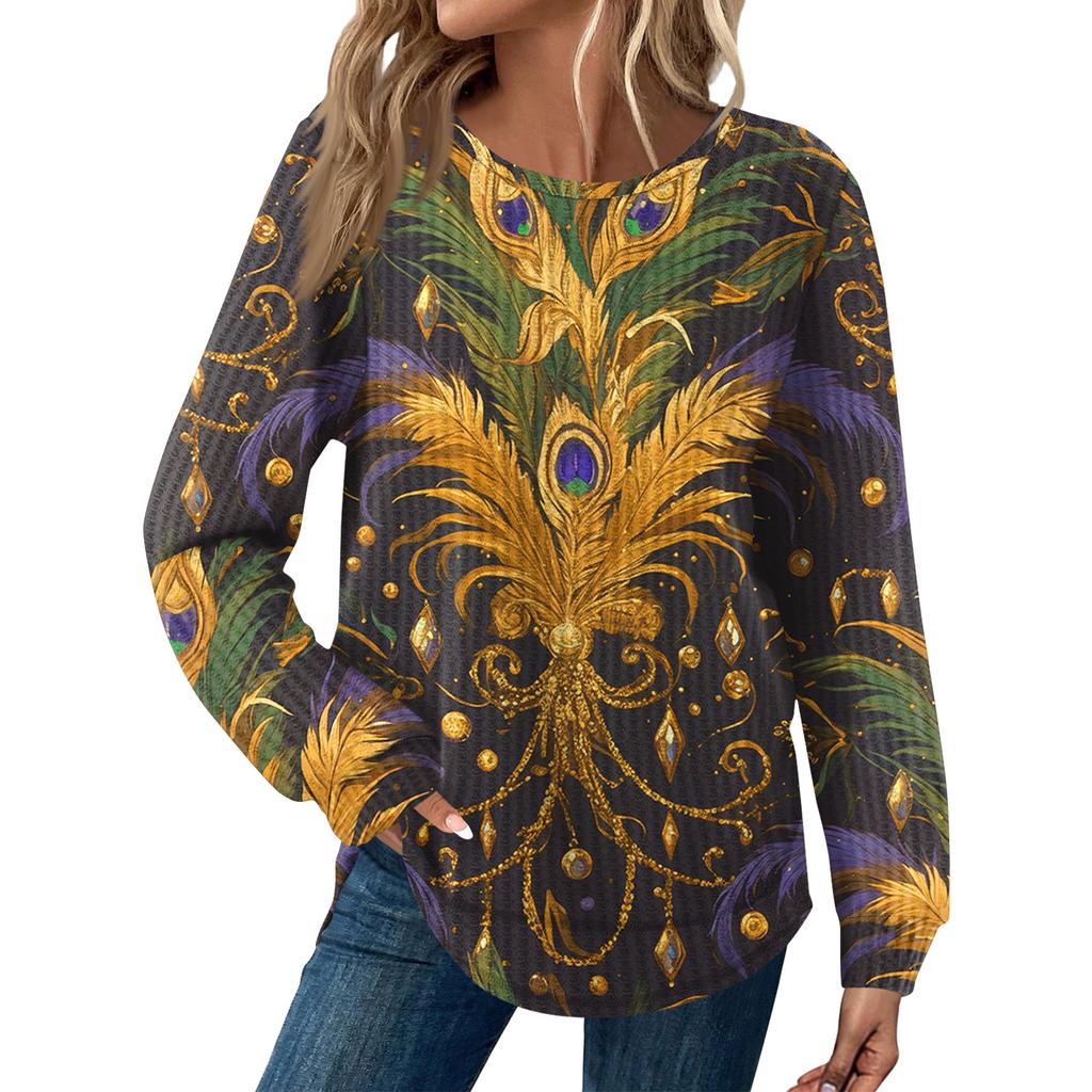 Women's Fashion Loose Long Sleeve Carnival Print Round Neck Casual Top