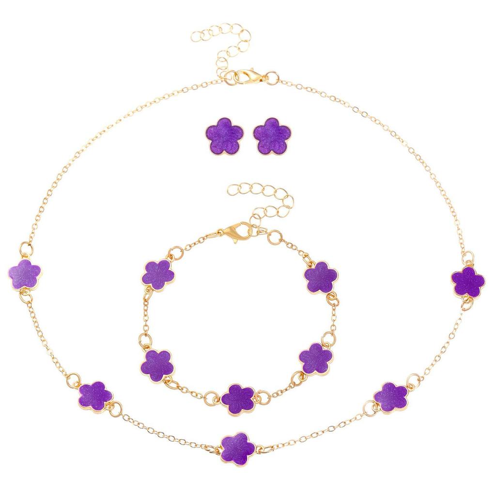 Koreaanse Stijl 4-delige Sieradenset: Bloemenarmband, Ring, Oorbellen met Stud & Klavertje Vier Ketting