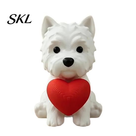 Office Desk Pet Decor 3D Printed West Highland Terrier Figurine, Cute Dog Statue Holding Red Heart, Heart Ornament Car Dashboard Decor, Romantic