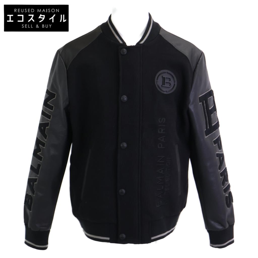 BALMAIN [Excellent Condition] 331025 Wool and Leather Switch Logo Stadium Jacket/ Jacket 54 blackUsed