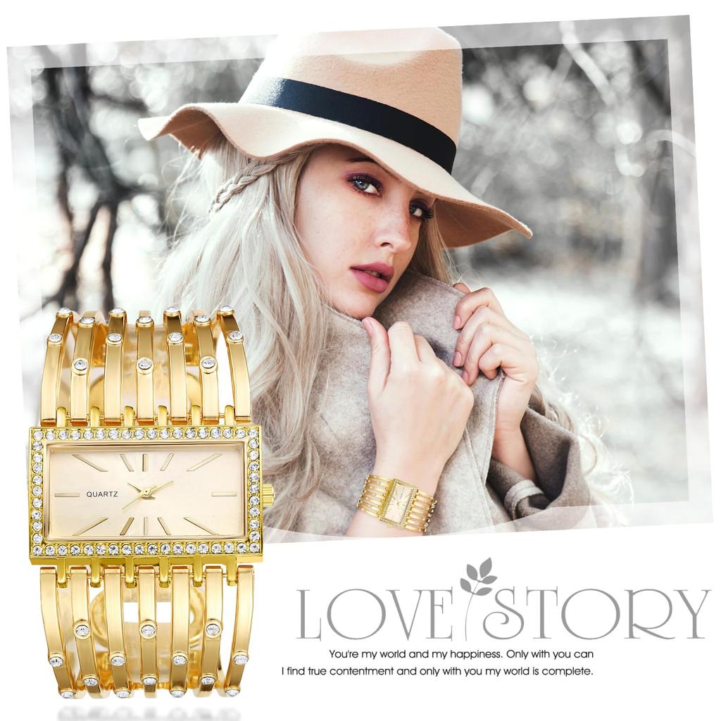 Bling Bangle Bracelet Diamond Analog Waterproof Square Antique Gold Casual Business Fashion Watch Ladies Accessories Birthday Anniversary Day