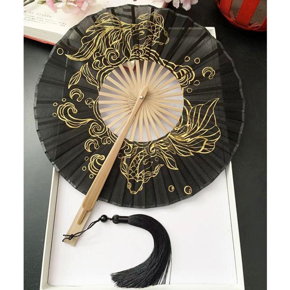 Handmade Round Bamboo Fan Tassel Dance Fan Vintage Collapsible Hand Fan  Women
