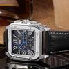 Moderne Jaragar Skelett Automatikuhr für Herren Stilvolles Quadratisches Zifferblatt Multifunktion Lässig & Business Chronograph Echtes Leder