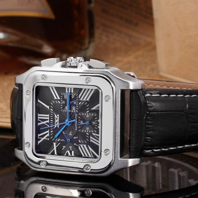 Moderne Jaragar Skelett Automatikuhr für Herren Stilvolles Quadratisches Zifferblatt Multifunktion Lässig & Business Chronograph Echtes Leder