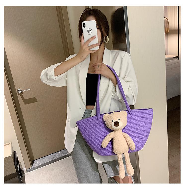 Woven Bag Large Capacity Ethnic Style Plush Bear Cute Straw Bag Shoulder Bag Travel Beach Bag