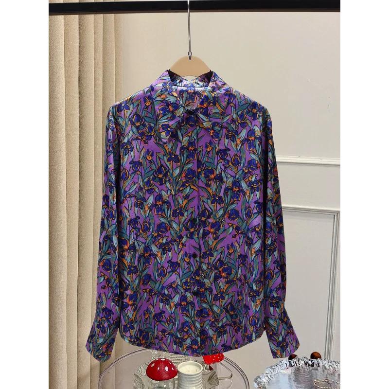 

Design Sense Age Reduction French Retro Style Early Spring New Long Sleeved Printed Shirt M фиолетовый
