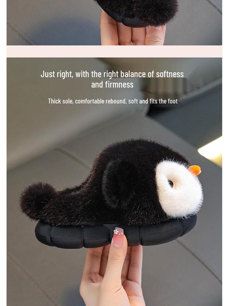 Pinguïn Pluche Furry Pantoffels voor Kinderen - Warme, Zachte, Gesloten Hiel Katoenen Schoenen voor Jongens en Meisjes
