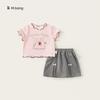 Girl Summer Cartoon Rabbit Print Short Sleeve Dress Set With Bow For Toddler Girls
