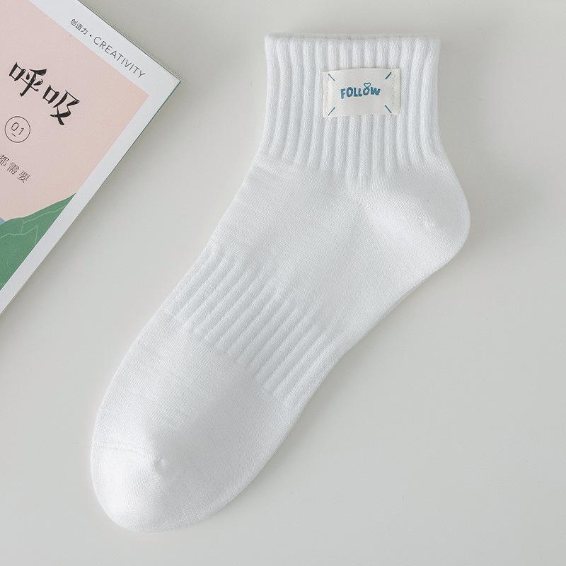 Solid Color Cotton Sports Socks for Women, Summer Thin Style for Women, Cartoon Embroidered Fabric Label Boneless White Short Socks