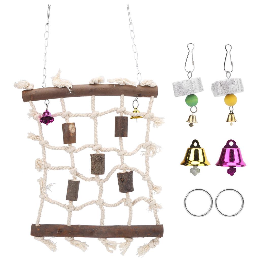 3 Pcs Parakeet Toy Wooden Block Cotton Rope Climbing Net with Molar Stone Strings Swing Toy for