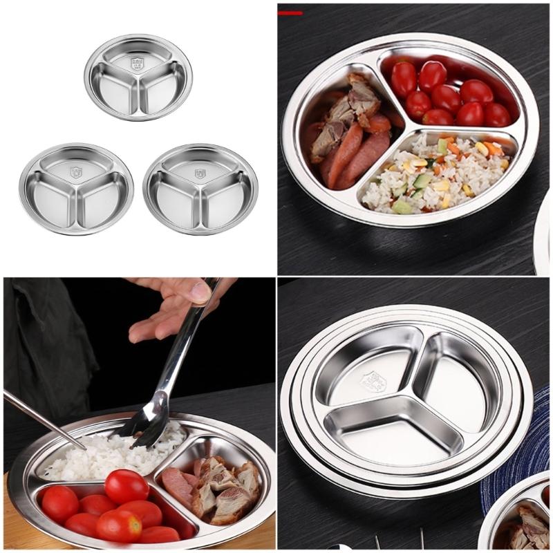 3 Compartment Stainless Steel Round Plate For Food Separation Space Saving Serving Dish Kitchen Dining Accessories