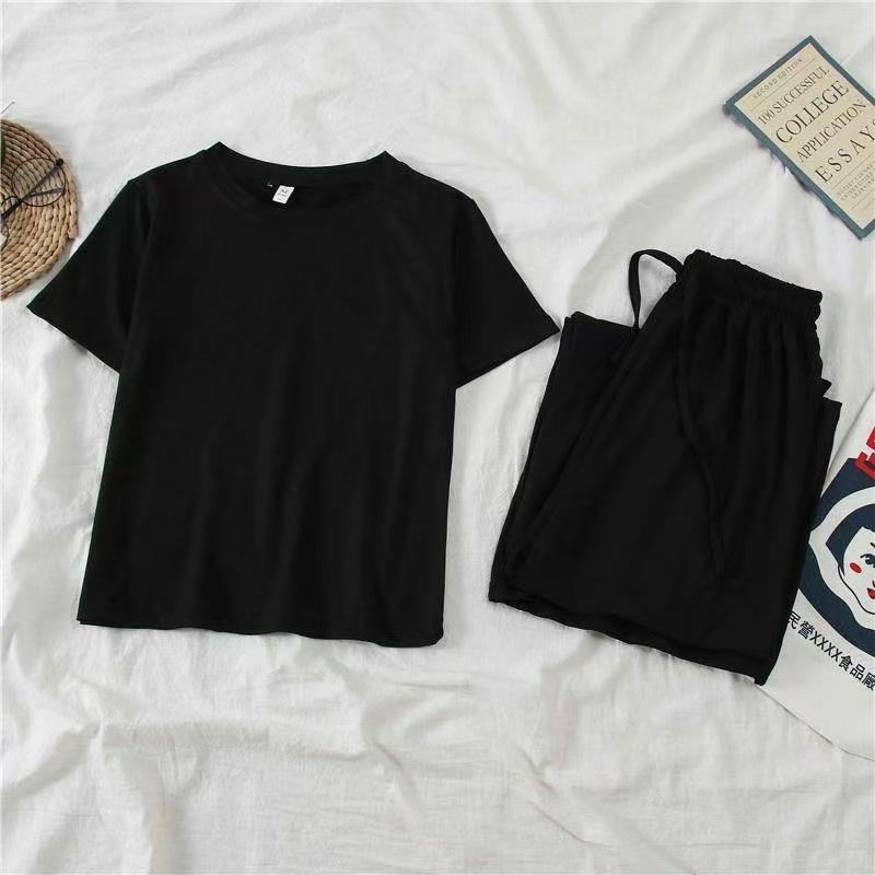 Korean Chic Petite Two-Piece Set: Short Sleeve & Wide-Leg Pants for Women