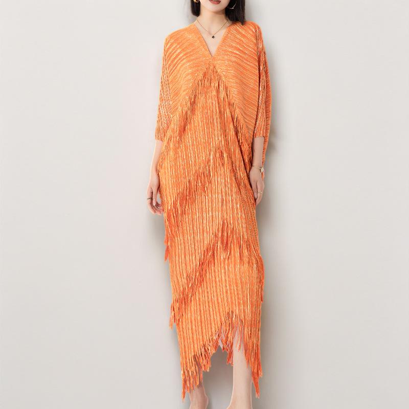 2024 Spring European & American Tassel Pleated Maxi Dress for Women