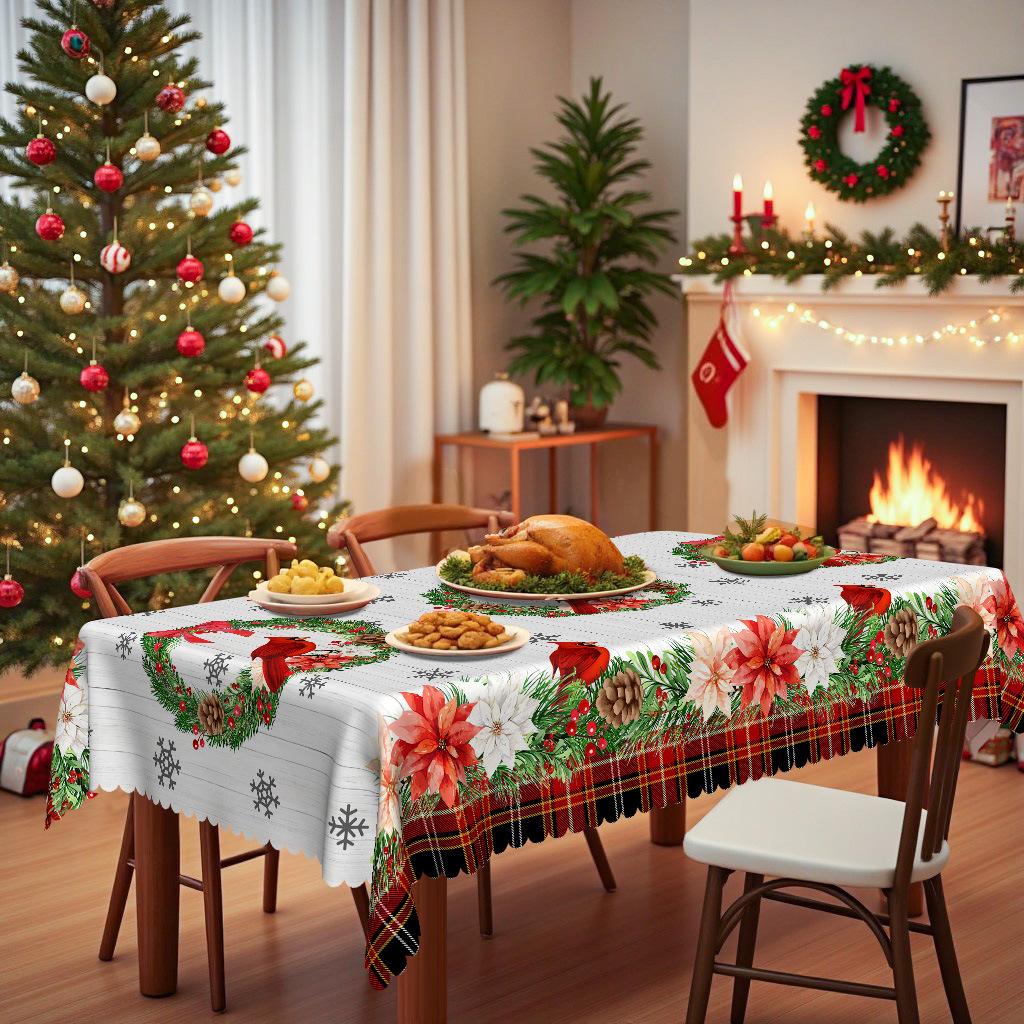 Christmas Rectangle/Round Tablecloth, Country Cardinal Wreath Waterproof Tablecloth, Warm Winter Festival Table Decorative Cloth