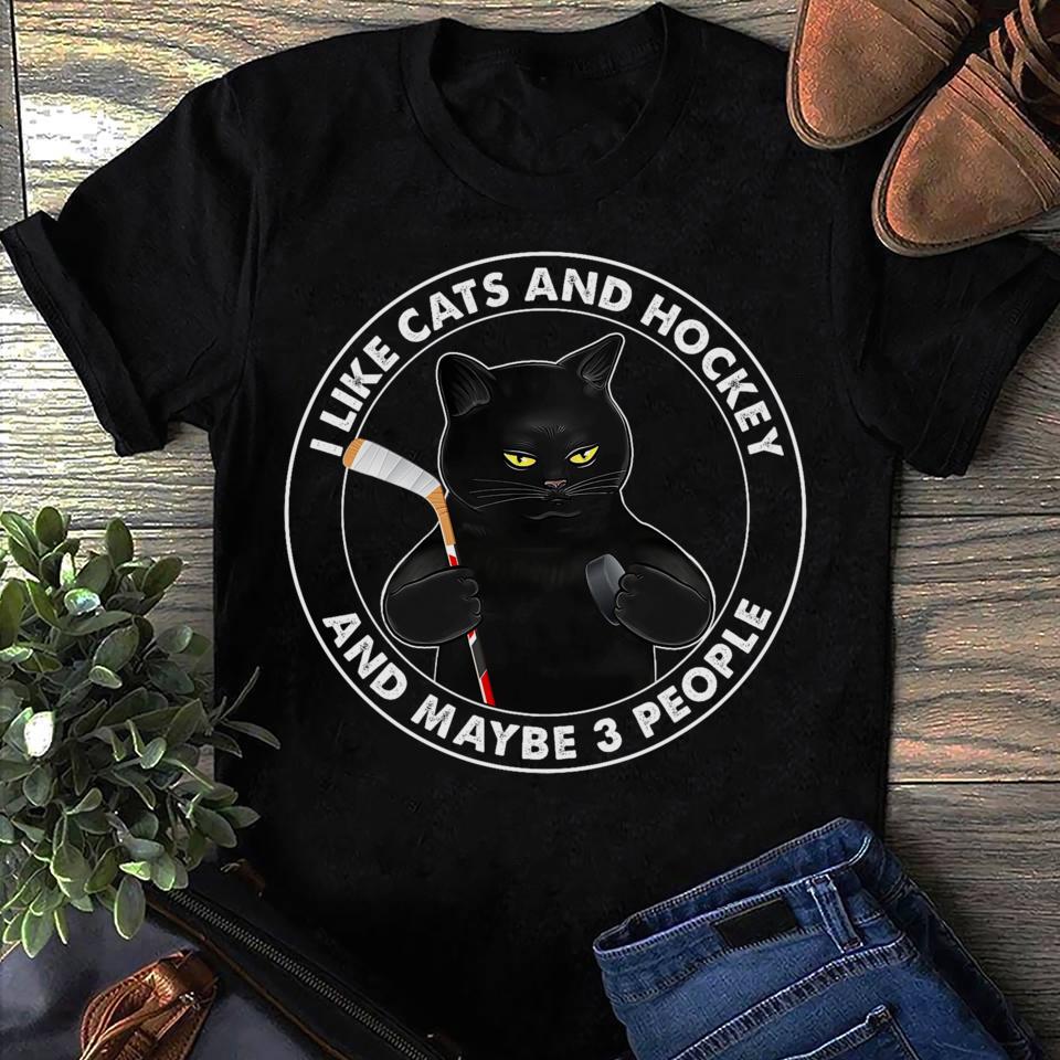 Funny Black Cat Hockey T-Shirt I Like Cats and Hockey Women T Shirts Cotton Tops S чёрный