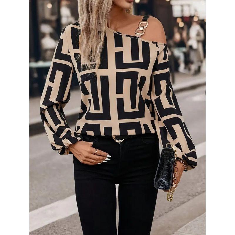 

Trade European and American Women s Clothing Amazon Spring & Fall Fashion Geometry Pattern Printed All-Matching Long Sleeve off Shoulder Pullover Tops Curry M