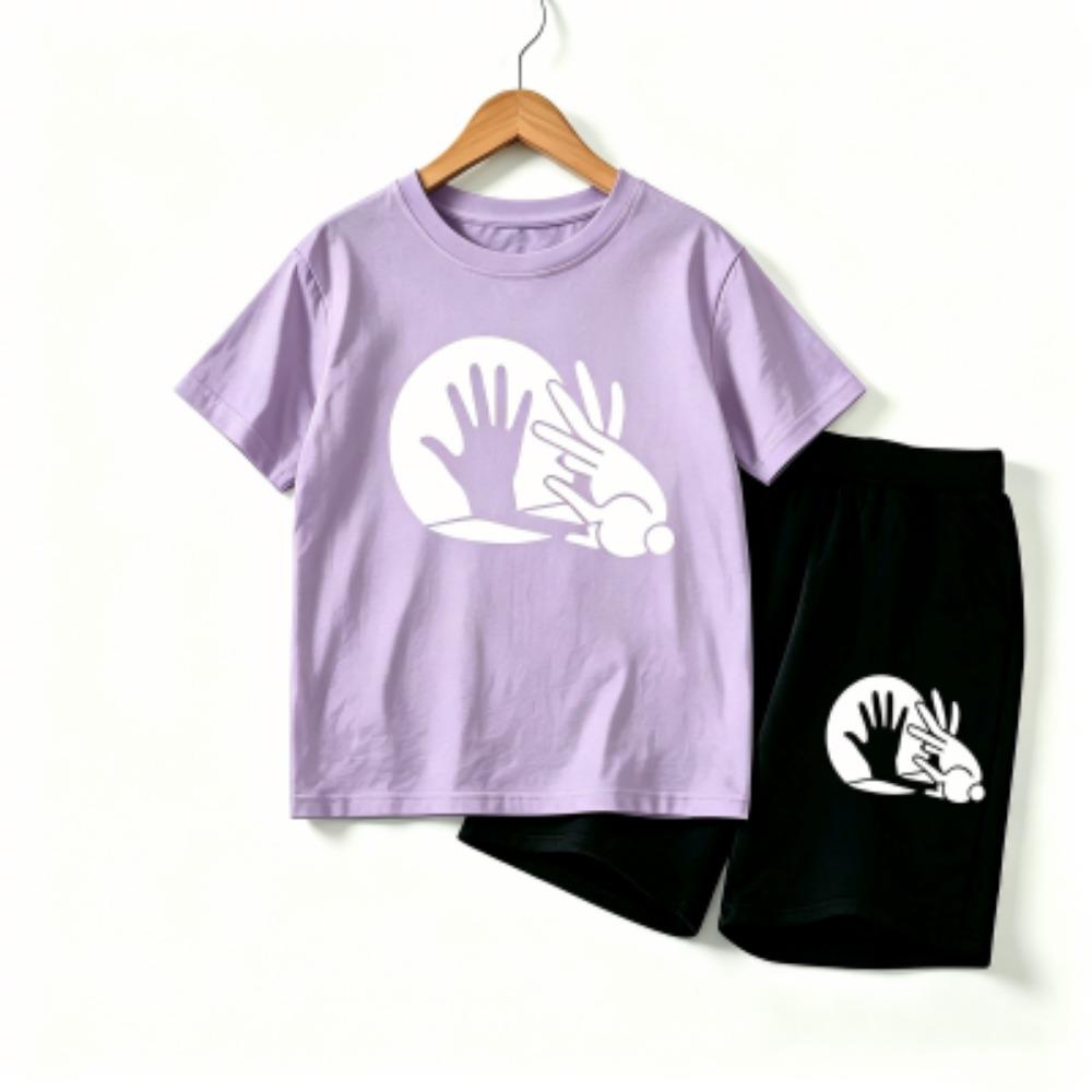 Rabbit Shadow Print Outdoor Street Kids T-shirt and Shorts Summer Home Casual Outfit Boy and Girl's Sports Set