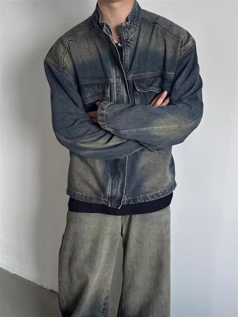 Nostalgic Blue Retro Denim Jacket - Men's Loose Fit with Large Pockets and Stand Collar for Spring & Autumn