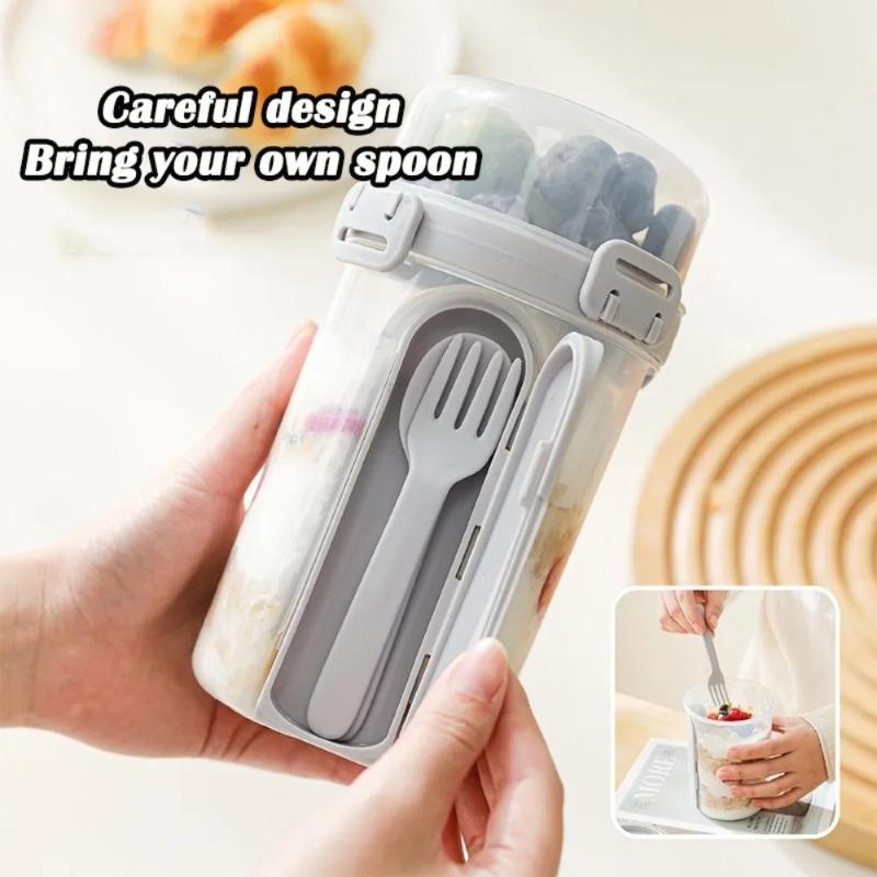 Portable Breakfast Cup with Double-Layer Lid - Includes Spoon & Fork, Food Storage Box for Oatmeal/Cereal/Salad/Fruits