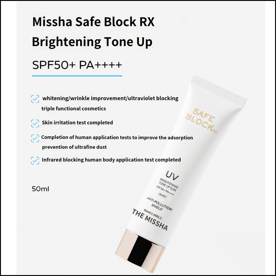 MISSHA Safe Block RX Crème Solaire Éclaircissante Tonifiante SPF50+ PA++++ 50ml Protection UV Quotidienne + Amplificateur d'Éclat