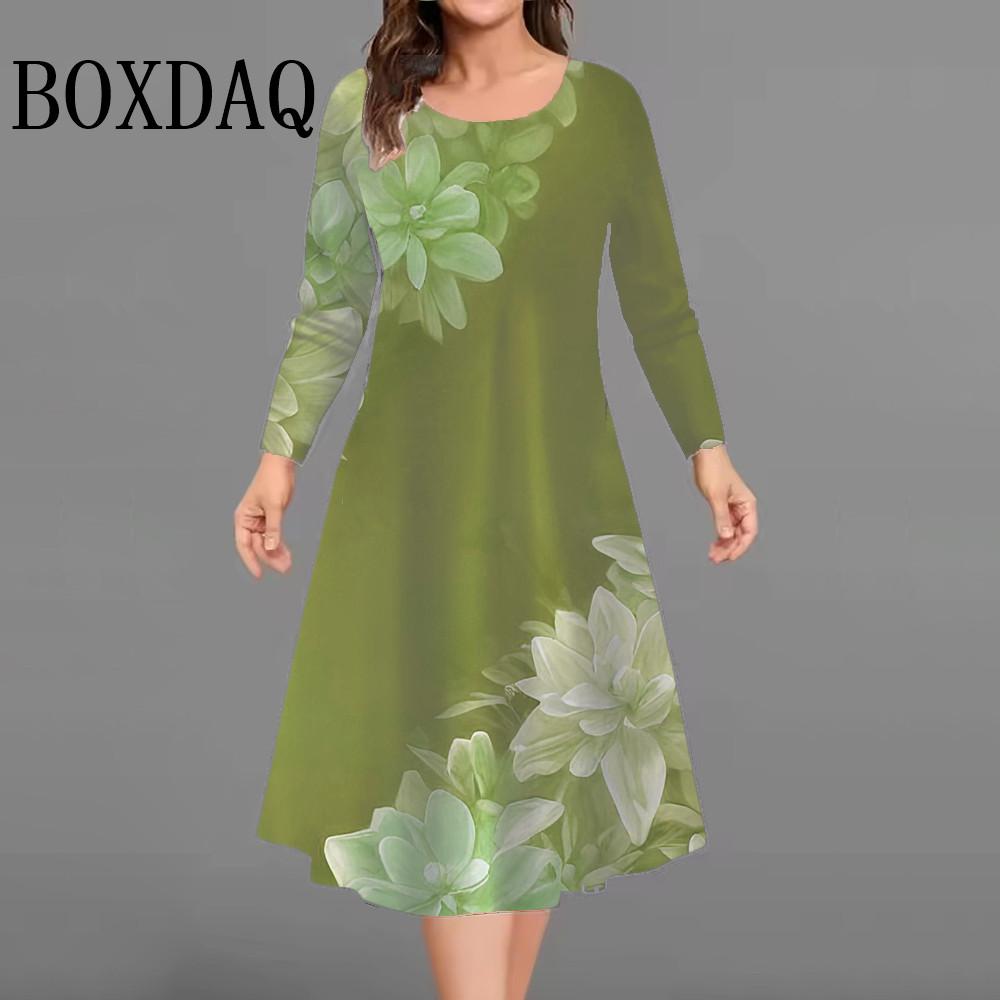 Flowers 3D Print Dresses For Women 2025 Autumn Winter Clothing Plus Size Long Sleeve Dress Casual Retro O-Neck Loose Mini Dress