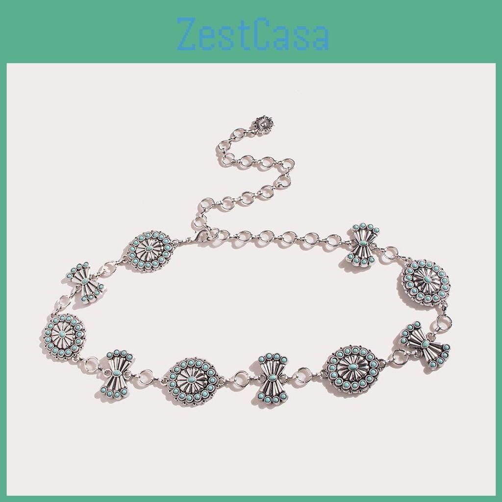 Classic Turquoise Geometric Metal Waist Chain Accessory With Design Carving