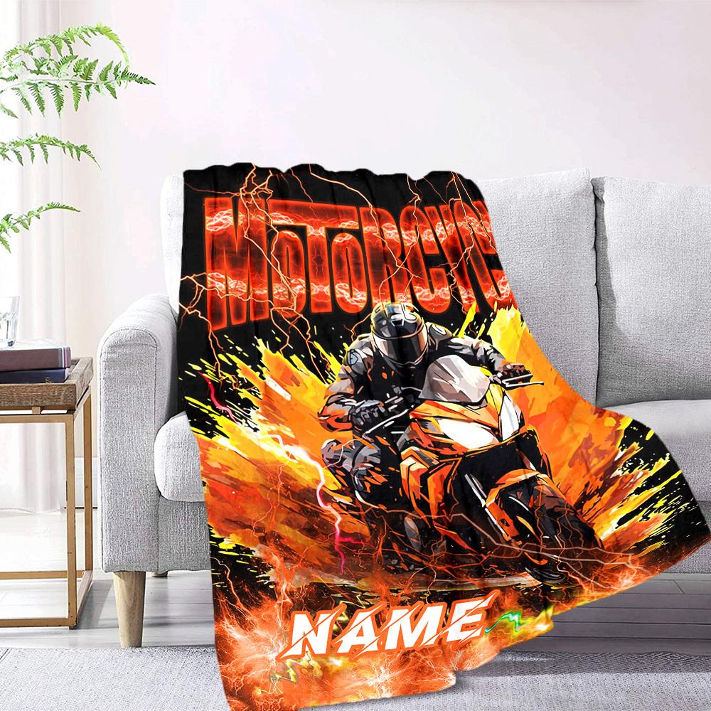 Thundering Speed Motorcycle Name In Flames Lightweight Customizable Blanket Text Comfortable Perfect For Sofa Couch Office Bed Picnics Four Seasons