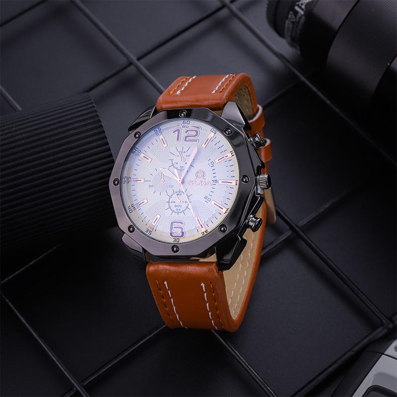 Men's Korean Style Casual Leather Strap Quartz Watch with Big Dial and Unique Design