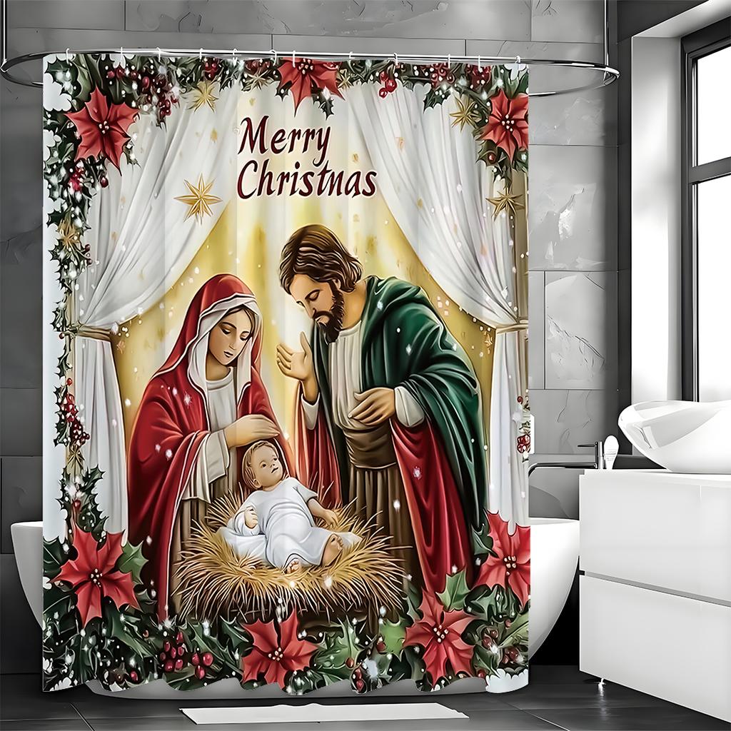 Merry Christmas Nativity Shower Curtain, Bathroom Decorative Shower Curtain, Waterproof Shower Curtain with Hooks
