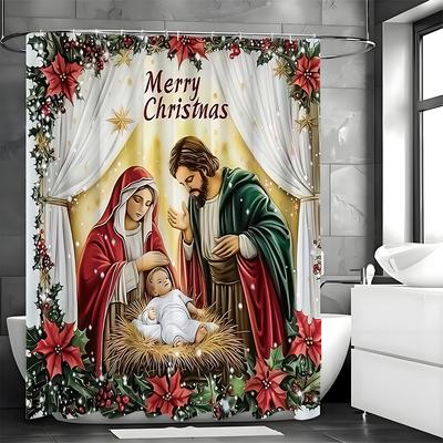 Merry Christmas Nativity Shower Curtain, Bathroom Decorative Shower Curtain, Waterproof Shower Curtain with Hooks