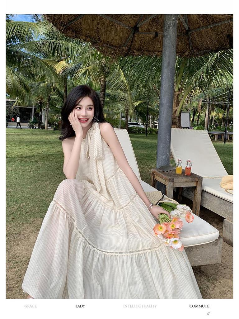 Striped Chiffon Halter Neck Summer Dress with Lace Stitching and Large Swing Skirt