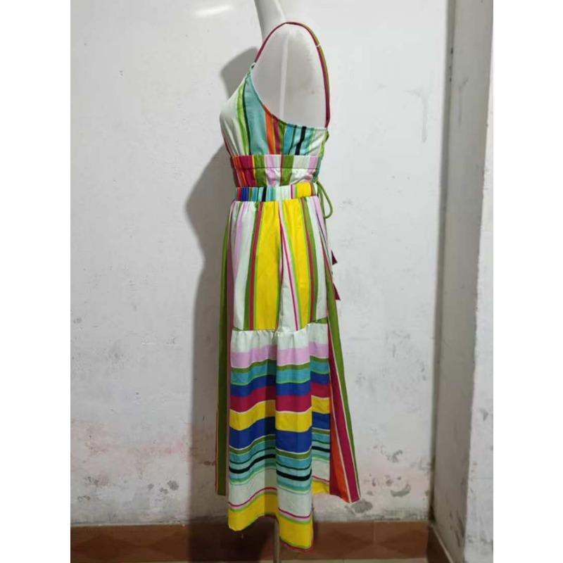 Damen Gestreiftes Neckholderkleid Böhmisches Urlaubs-Neckholder-Taschen-Strand-Swingkleid