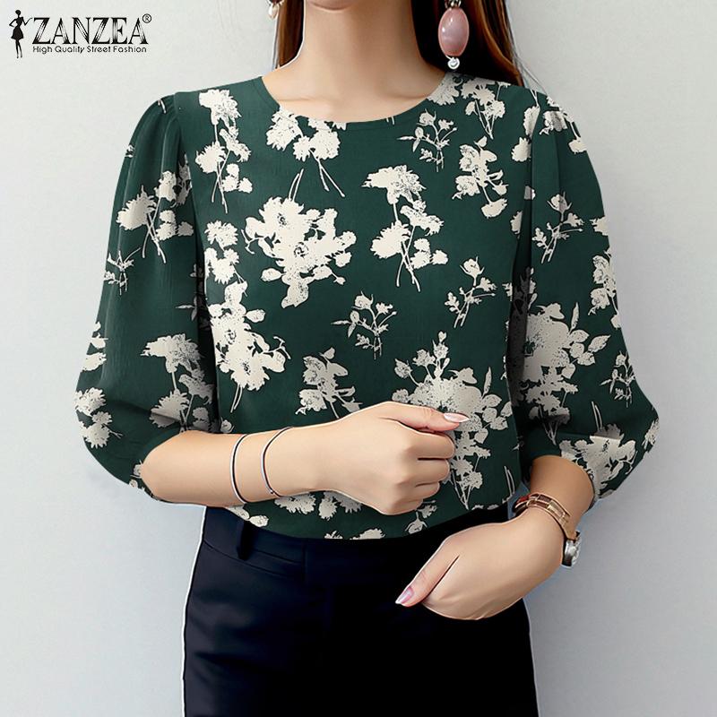 ZANZEA Blusa informal holgada con cuello redondo y mangas 3/4 para mujer