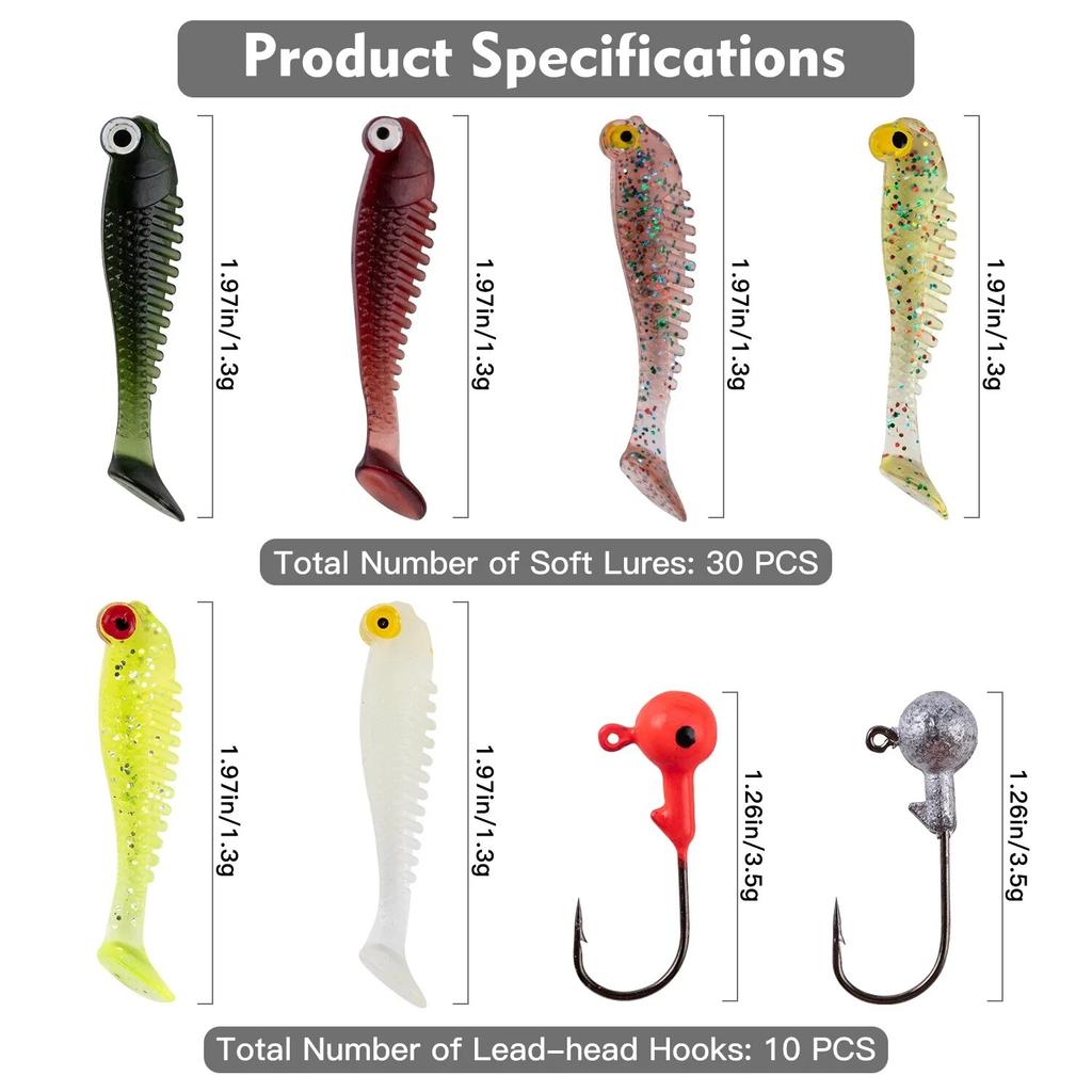 40pcs/lot Soft Lure Kit Soft Fishing Lure 5cm 3.5g Jig Head Hook with Fishing Tackle Box Pesca