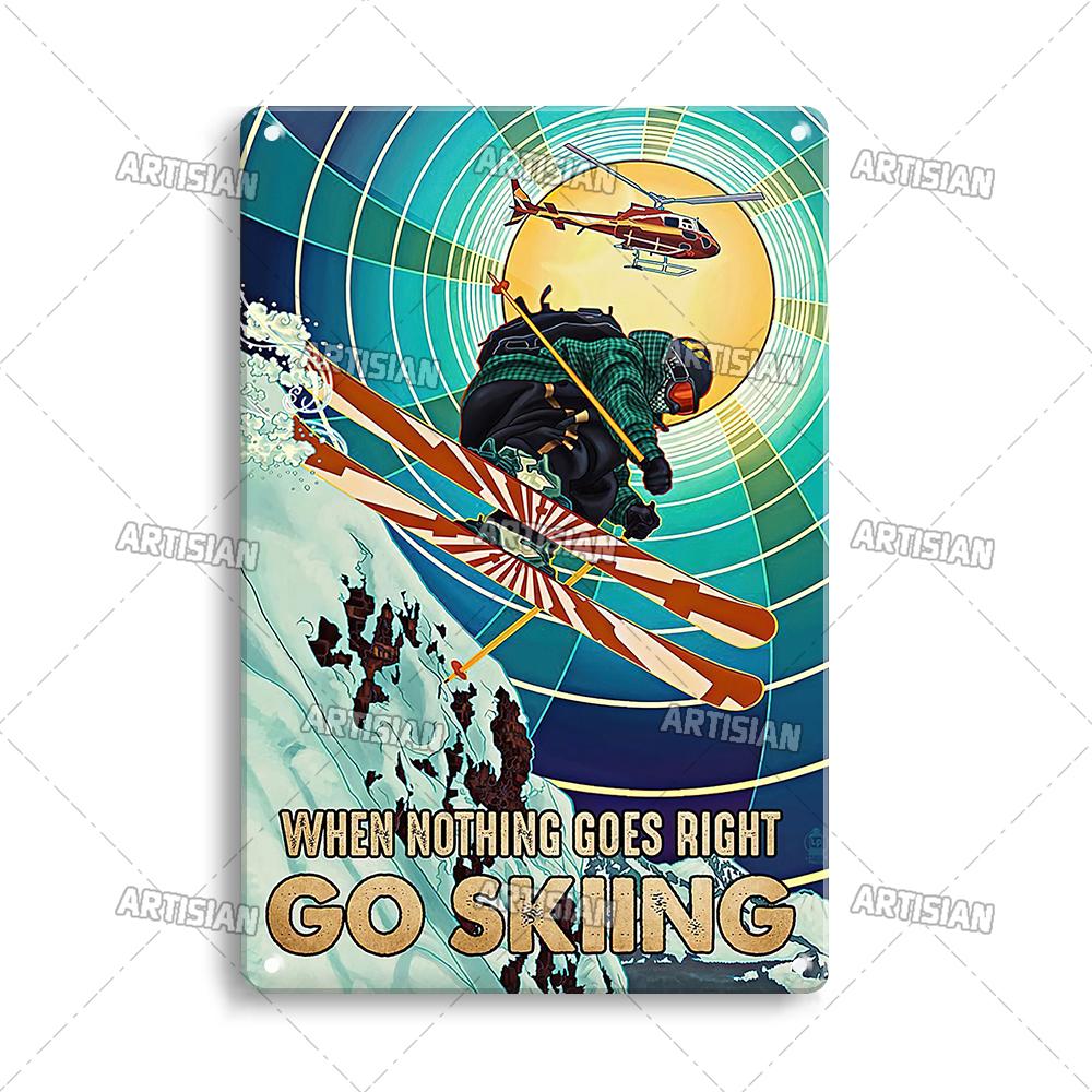 Artisian Skiing Snowboarding Metal Poster Sledding Tin Plaque Sport Decorative Plate Wall Decor Garage Bar Pub Club Hotel Cafe