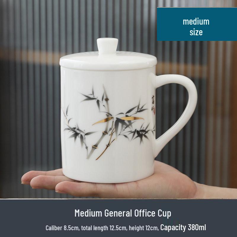 Dehua White Porcelain Mug with Flower & Bird Pattern and Lid - Large Capacity Jade Porcelain Office Cup Default