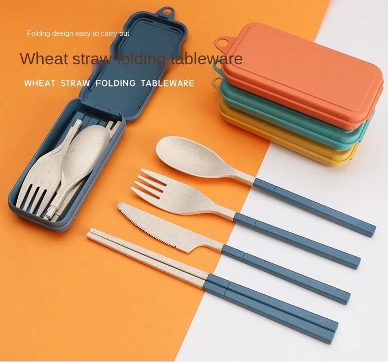 Portable Travel Cutlery Set, 4pcs Knife Fork Spoon Chopsticks Tableware, Eco - Friendly Utensil Box