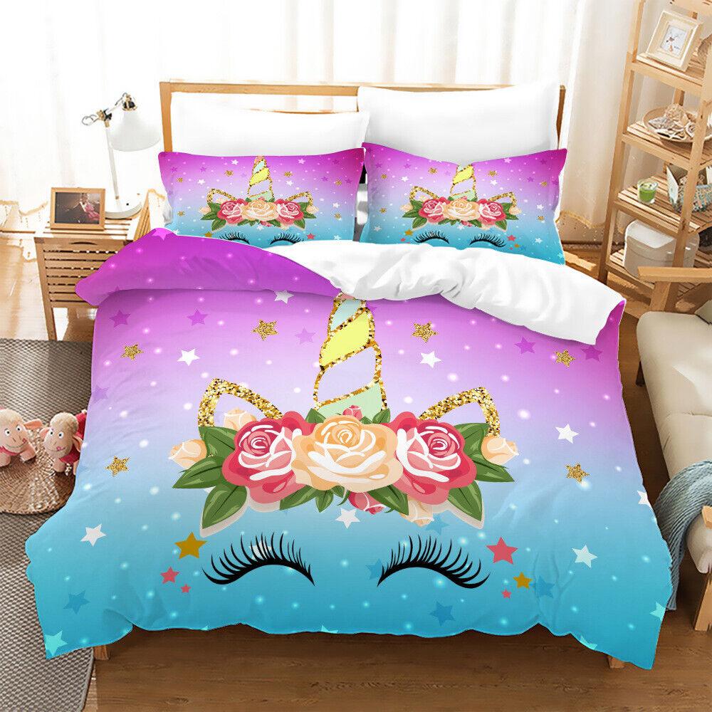 Unicorn Duvet Cover Set Cartoon Animal Galaxy Star Floral Bedding Set For Kids Girls Polyester Romantic Theme Comforter Cover