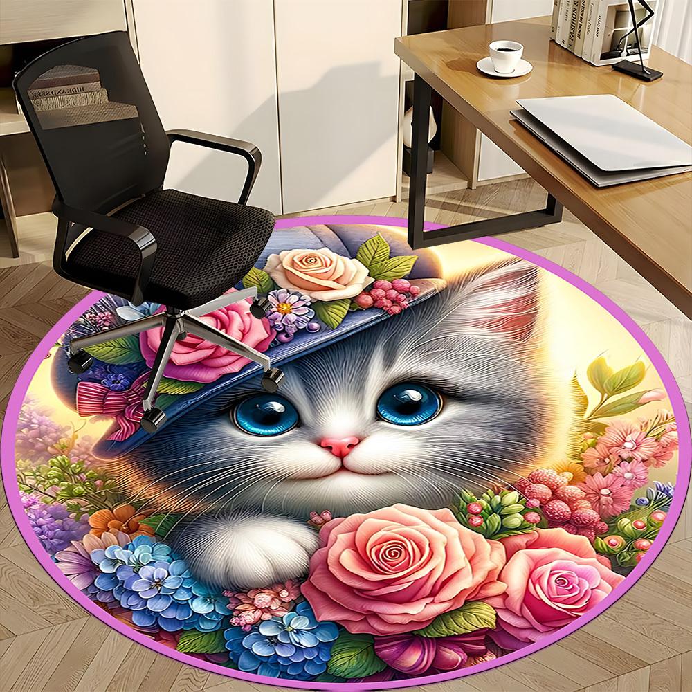 1pc Floral Cat Hat Chair Carpet for Office, Round Polyester Mat, Indoor Decor for Office, Easycare Fabric, Washable Non-slip Area Carpet