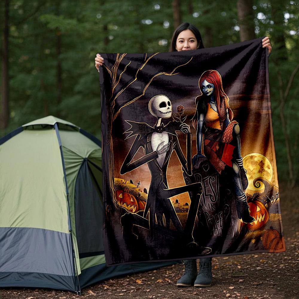 1pc, Halloween Jack Skellington and Sally Blanket Soft Throw for Room Decor, Perfect Gift for Family and Friend, Living Room, Travel, Camping