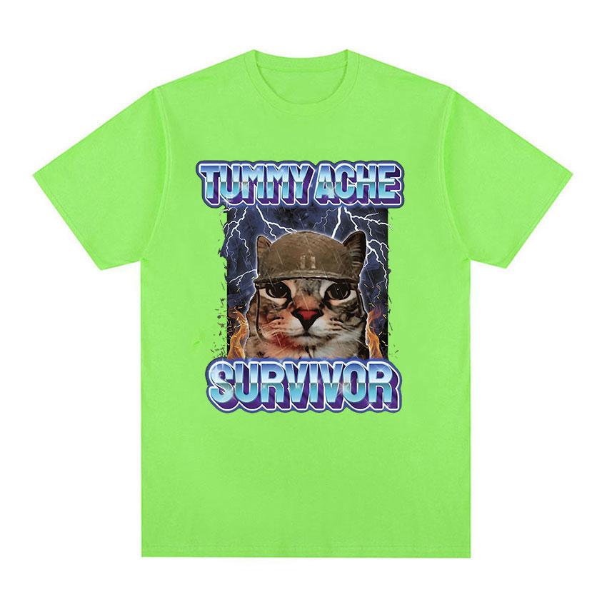 Vintage Tummy Ache Survivor Funny Cat Meme Tee Shirt Men Women Clothing Fashion Short Sleeve T-shirt Casual Pure Cotton T Shirts
