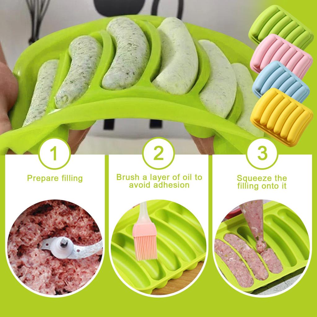 Silicone Sausage Molds - Non-Stick Flexible Hotdog Maker 6-Cavity Baking Cooking Steaming Container - DIY Homemade Sausages