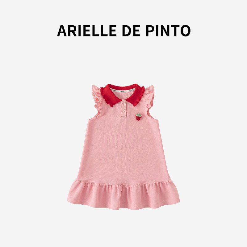French Arielle De Pinto Girls Dress Summer Cartoon Strawberry Sweet Lace Lapel Vest Dress Pink 80