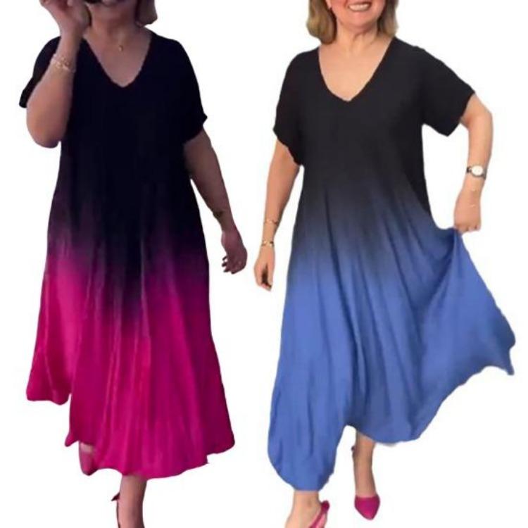 Summer Plus Size Gradient Maxi Dress for Women Loose Long V-neck Short Sleeve A-line Flowy Casual Dress