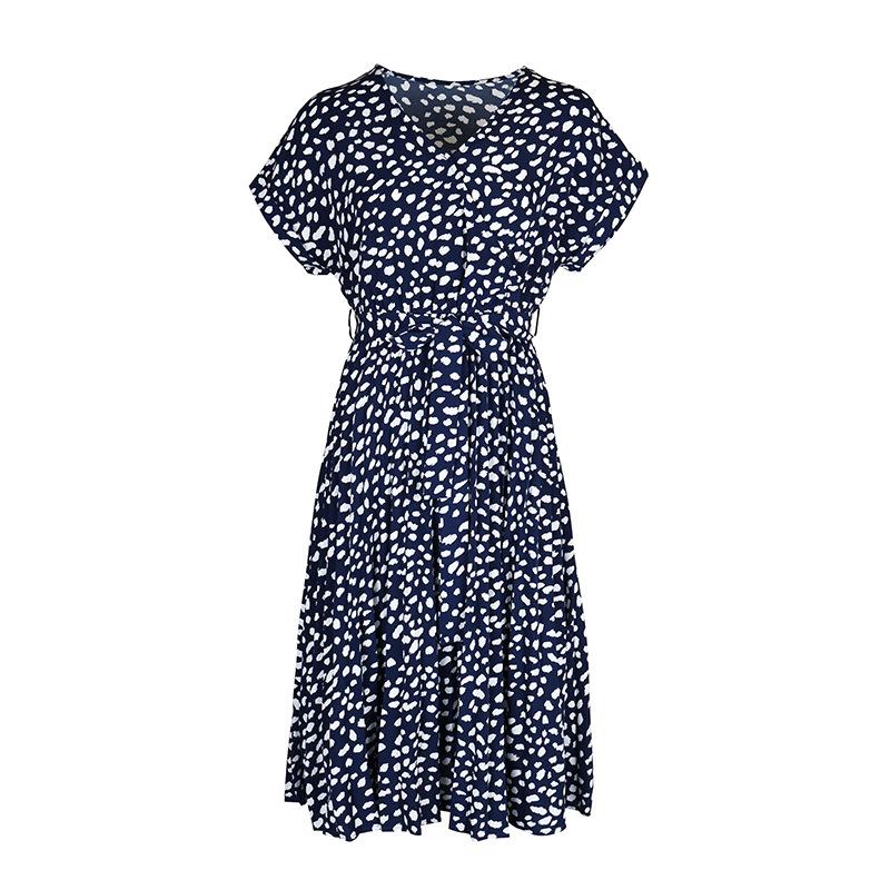 Sommerkleid für Damen, kurzärmelig, Leopardenmuster, Rotatorärmel, V-Ausschnitt in der Mitte der Wade