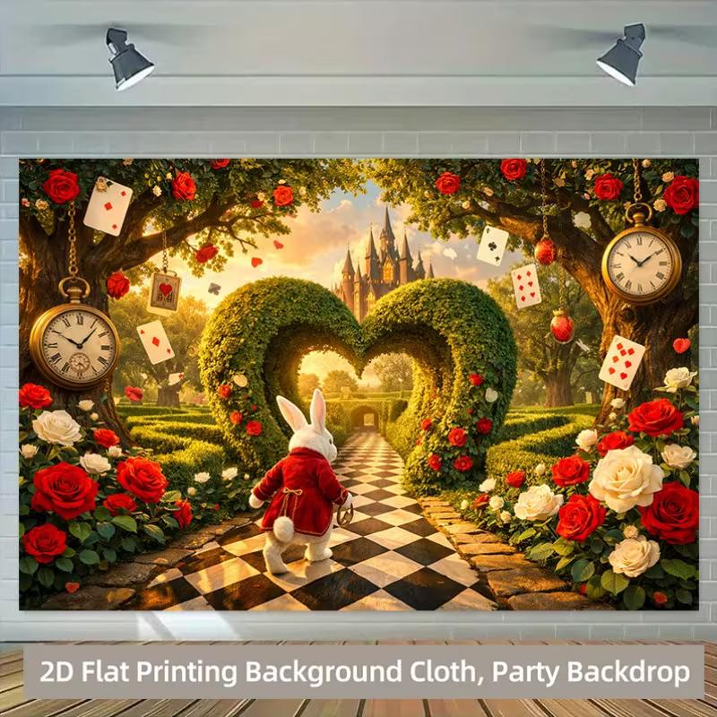 

2D Wonderland White Rabbit Backdrop, 2D Flat Heart Hedge & Castle Background for Party Live Streaming Vlog 47.2x31.5inch/120*80cm